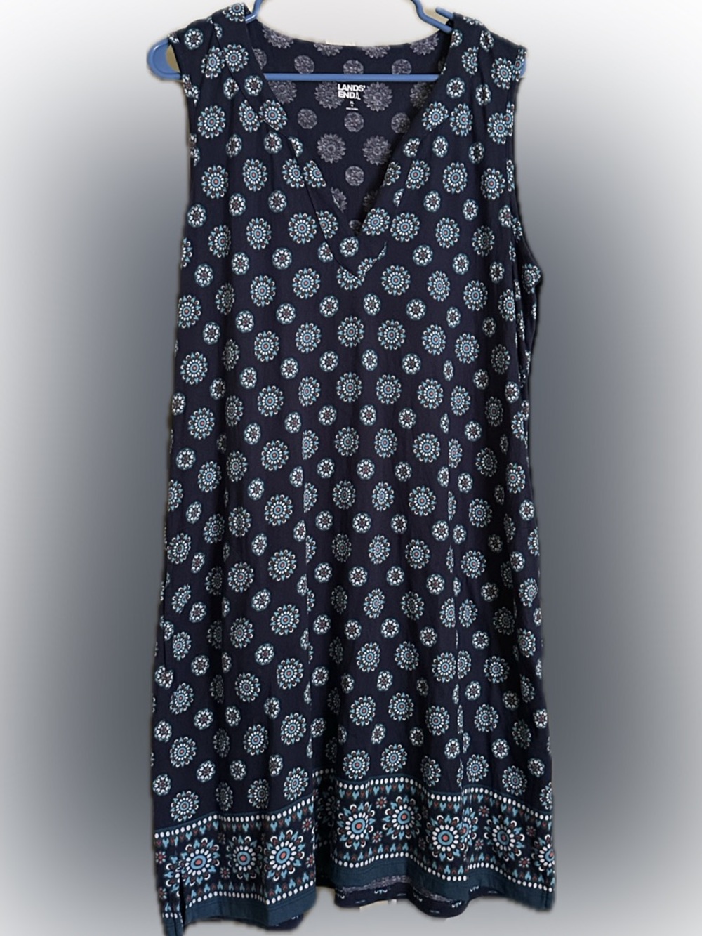 Lands' End Navy Blue Sleeveless Midi Dress with Light Blue Medallion Print